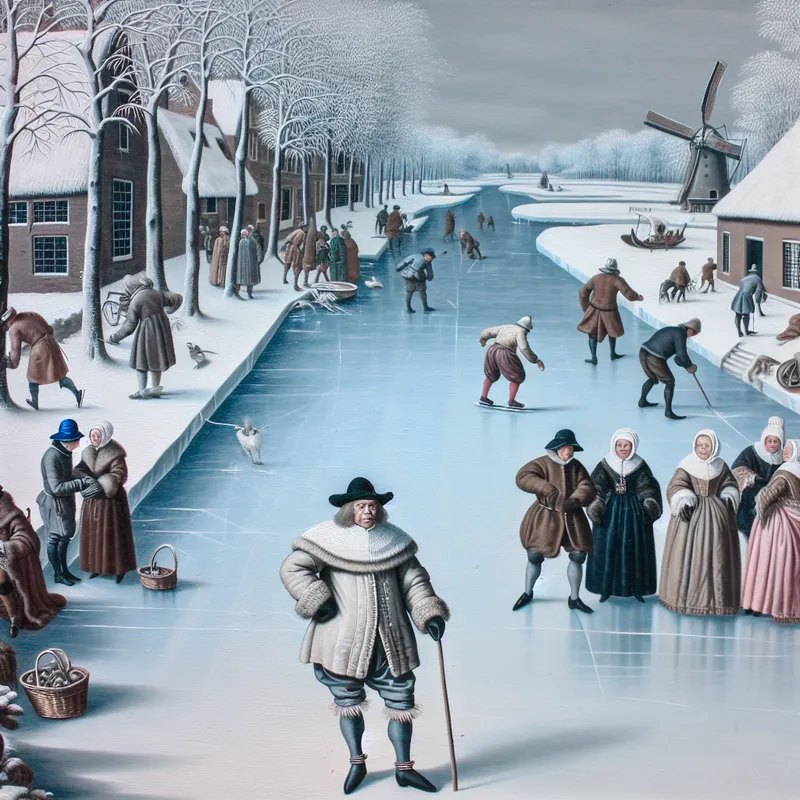 17e-eeuwse wintertafereel met een vastberaden man op het ijs, omringd door schaatsers, symboliserend mentale kracht en doorzettingsvermogen