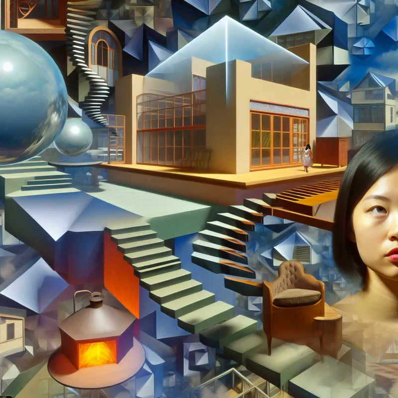 Surrealistische mentale voorstelling van een droomhuis in een architectonische geest als labyrint, geïnspireerd op M.C. Escher