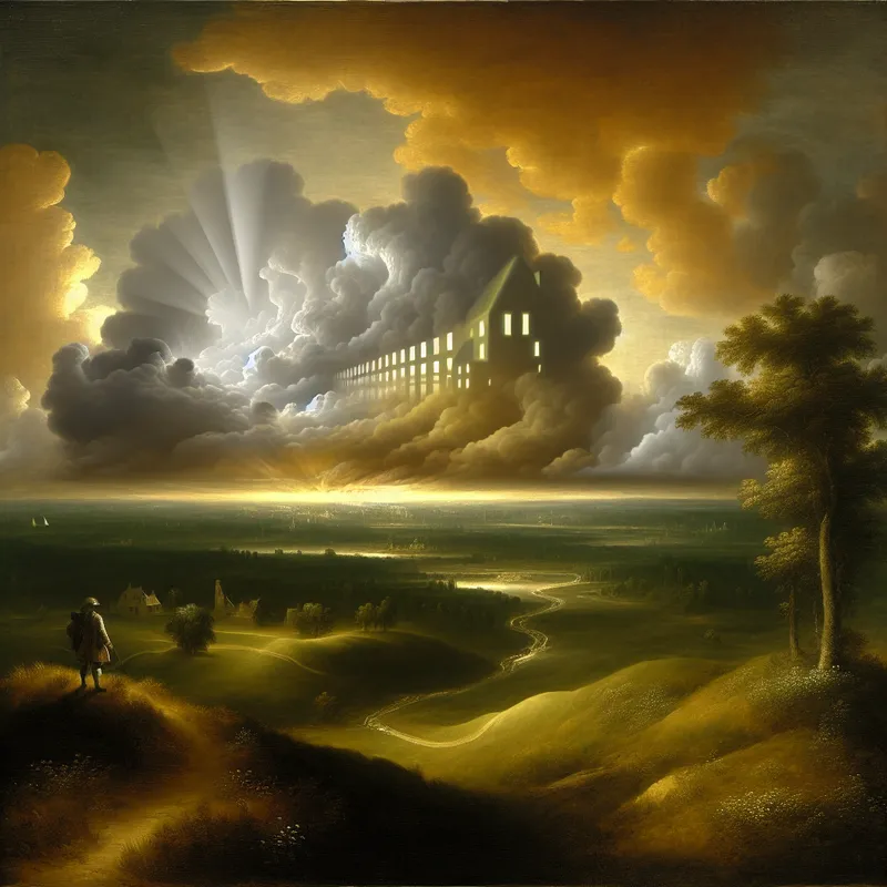 Persoon op een heuvel kijkt naar een zwevende, doorzichtige droomhuis-visualisatie in een dramatische lucht, symboliserend een mentale voorstelling