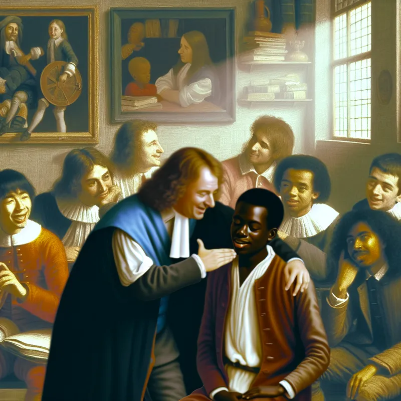 Een mentor geeft een warme schouderklopje aan een jonge man in een klaslokaal vol blije klasgenoten.