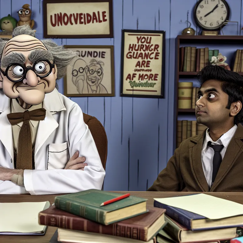 Een cartoonachtig beeld van een oudere mannelijke mentor die achter een bureau zit, omringd door boeken en papieren, terwijl een jongere student met een notitieboekje naar hem opkijkt.