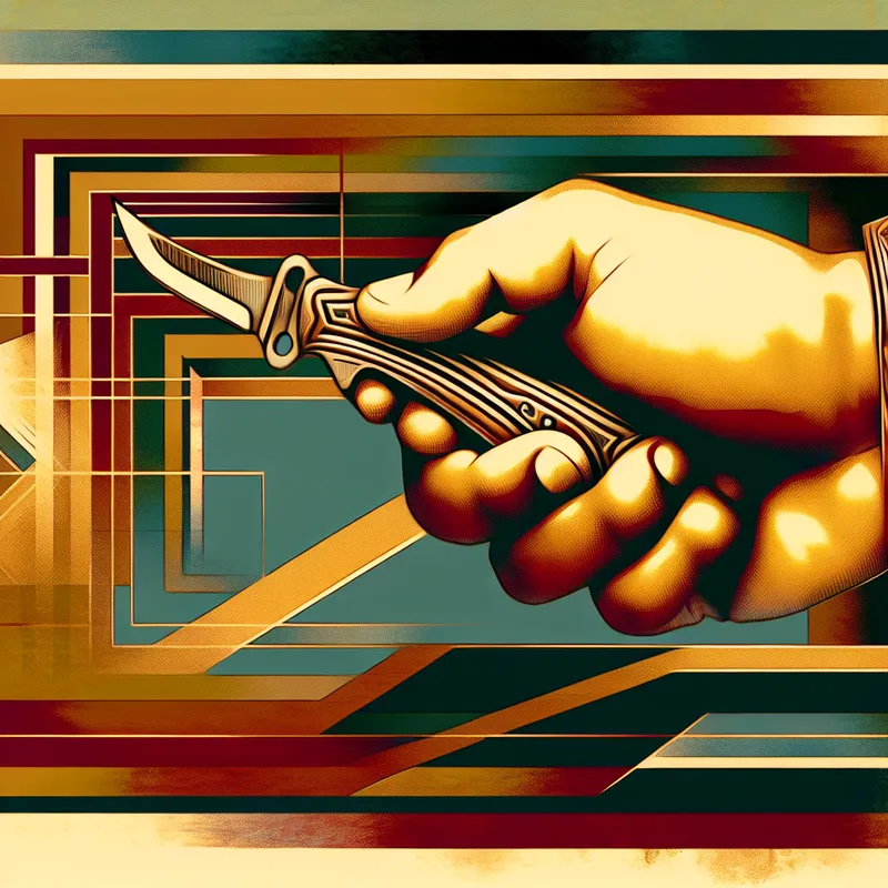 Een persoon houdt een mes stevig vast bij het handvat, met de nadruk op het verfijnde ontwerp van het mesheft.