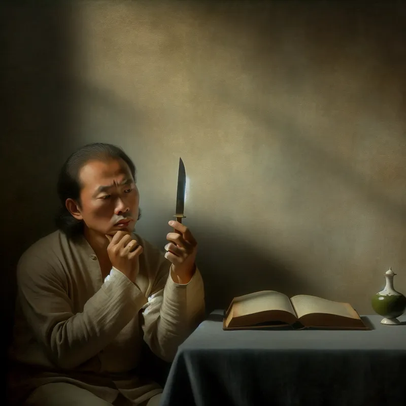 Een man zit alleen in een schemerige kamer met een boek en een mes, in diepe contemplatie.