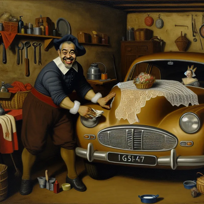 Vrolijke man poetst liefdevol een oude auto in een warme garage, alsof het zijn bruid is