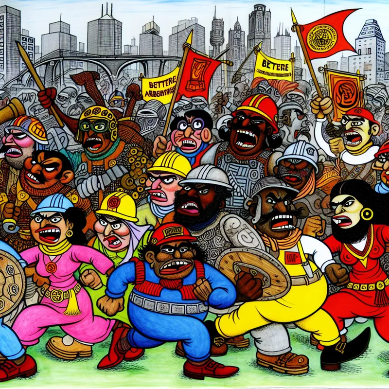 Krijgsvolk van diverse strijders in cartoonstijl protesteert voor betere arbeidsomstandigheden met spandoeken en symbolische wapenrusting