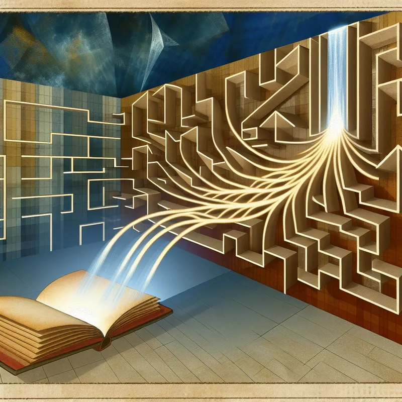 Surrealistische waterval die transformeert in gloeiende wortels uit een oud boek, symboliserend de metaforische oorsprong van een idee of beweging in de stijl van M.C. Escher