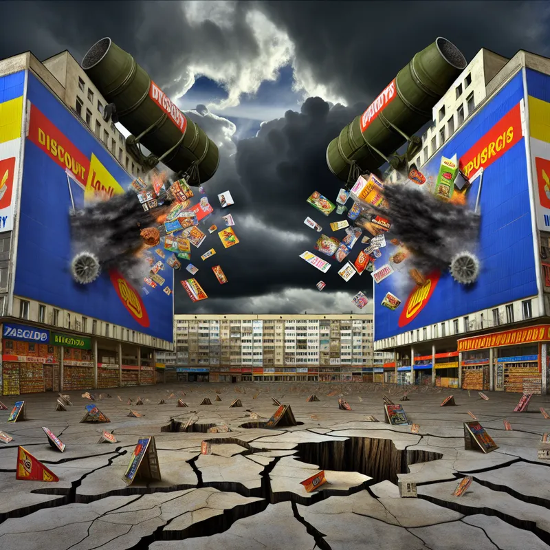 Surrealistische voorstelling van een hevige concurrentiestrijd tussen twee supermarkten als reusachtige forten in een desolate stad, met prijslabels en kortingsfolders als wapens