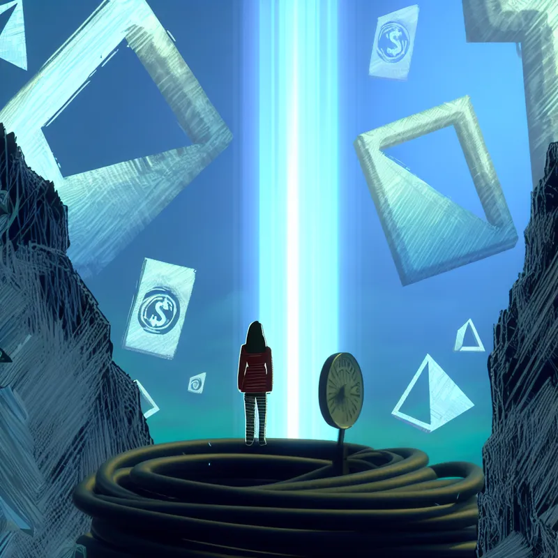 Illustratie van een eenzame figuur in een metaforische vallei van emotionele of economische strijd, omringd door abstracte symbolen zoals gebroken klokken en valutasymbolen, met een straal hoopvol licht van bovenaf