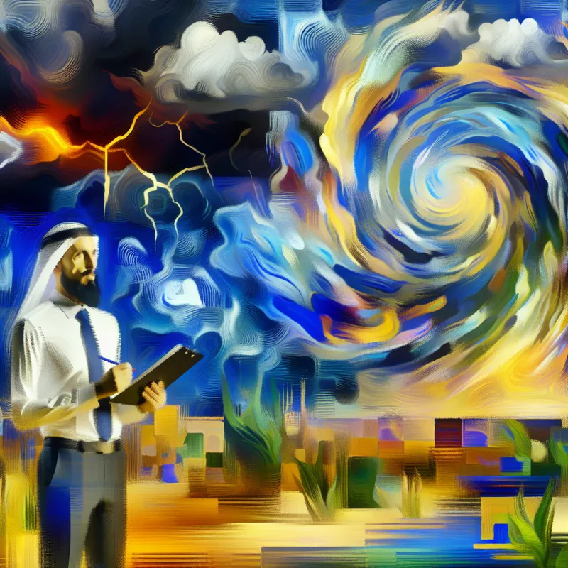 Abstract landschap met een meteoroloog voor een grote, draaiende weerdisplay vol chaotische weerpatronen.