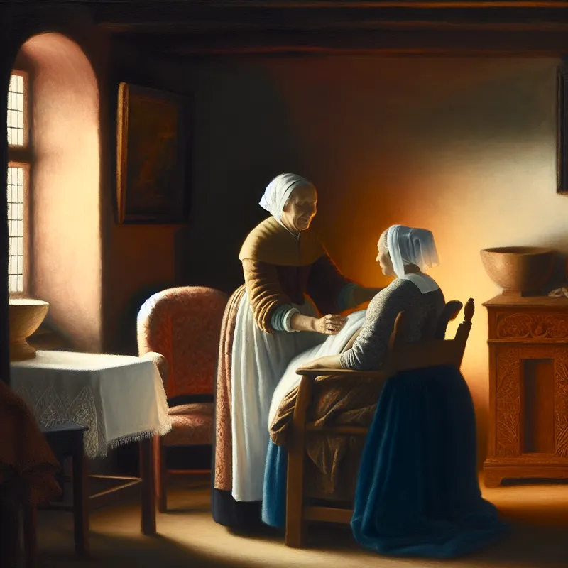 17e-eeuwse Nederlandse interieurscène van een meter die een vrouw tijdens de bevalling bijstaat, in de stijl van Johannes Vermeer