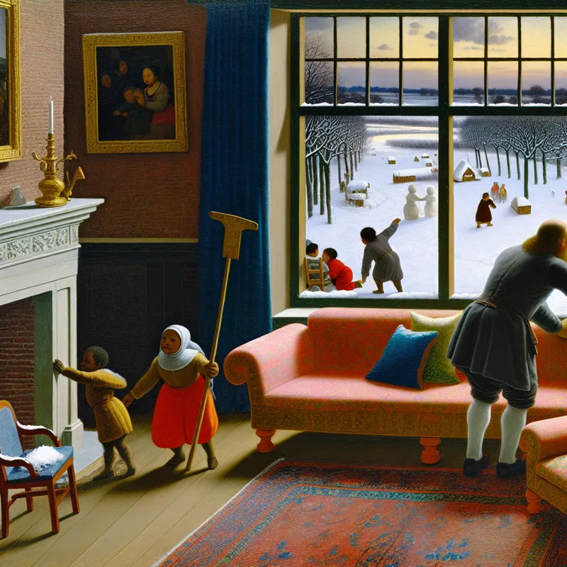 Een man arrangeert meubels in een knusse woonkamer met uitzicht op een sneeuwlandschap.