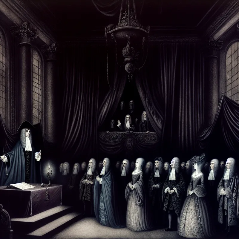 Formele ambtelijke ceremonie uit de 19e eeuw waarin een ambtenaar het verouderde meervoud 'mevrouwen' gebruikt tegenover een groep elegante dames