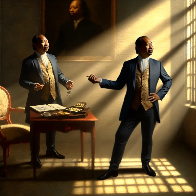 Een middelbare man staat zelfverzekerd in een zonovergoten kamer, met elegant meubilair om hem heen, en houdt een set sleutels in zijn handen.