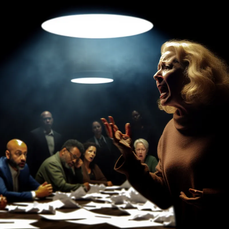 Een middelbare vrouw die haar frustraties uitdrukt in een slecht verlichte vergaderzaal, met intense emoties zichtbaar op haar gezicht.