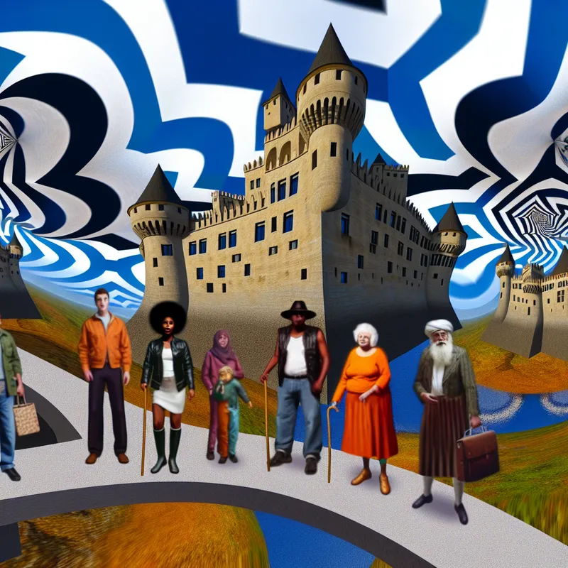 Medieval castle surrounded by surreal geometric patterns and optical illusions, with tourists exploring the scene.
