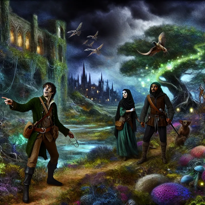 Groep van drie avonturiers in middeleeuwse kledij aan de rand van een mistig bos, met een mysterieuze en avontuurlijke sfeer.
