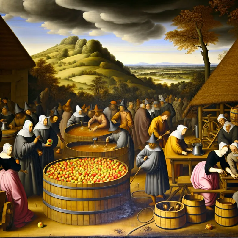 Historisch tafereel van een rustieke brouwerij in het landschap met mensen die cider brouwen.