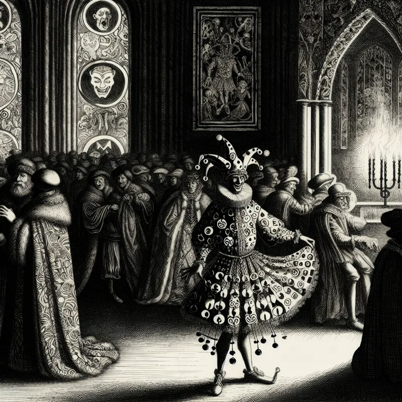 De dolkomische hofnar die zich center in een middeleeuwse gotische rechtszaal bevindt, dressed in felgekleurde kleding met bellen, terwijl hij capriolen uitvoert voor een geïnteresseerde menigte van edelen.