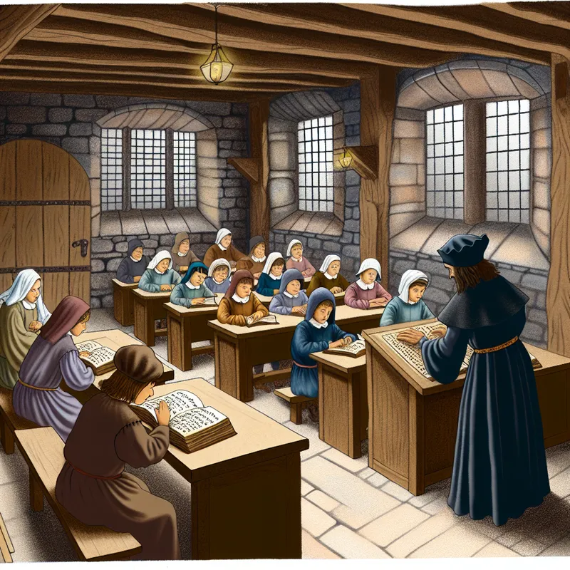 Een middeleeuwse klaslokaal met kinderen in historische kleding, een leraar, en een modern schoolbus buiten