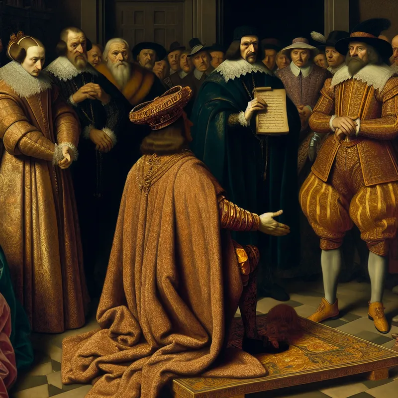 Middeleeuwse koning knielt plechtig voor zijn volk en raakt een oude oorkonde aan als symbool van trouw en een belofte nakomen