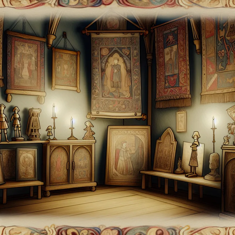 Illustratie van een middeleeuwse kunstcollectie met tapijten, houten figuren en verlichte manuscripten in een sprookjesachtige kamer