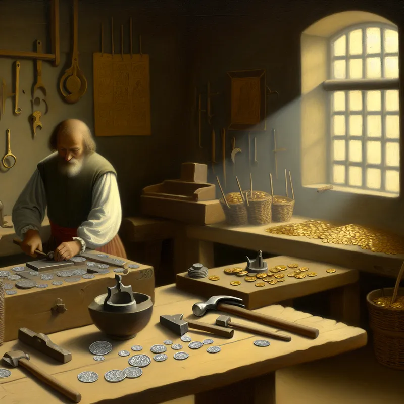 Een middeleeuwse muntmeester slaat aandachtig een munt in een werkplaats vol gereedschappen en munten.
