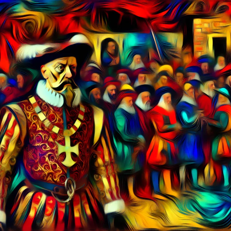 Middeleeuwse Engelse sheriff in een chaotische stadsscène in abstract expressionistische stijl, met rijke kleding en gezaghebbende houding