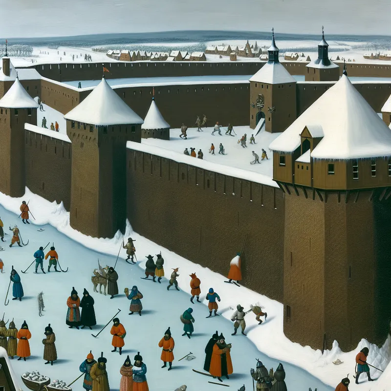 Historische winterse stad met een besneeuwde verdedigingsmuur, waar mensen schaatsen op de bevroren gracht en bewakers patrouilleren op de wallen, in de stijl van Hendrick Avercamp