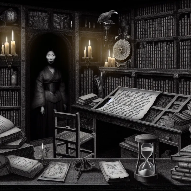 Een donkere, middeleeuwse studeerkamer met een vragende figuur voor een gotische bureau, met een oud perkament dat is uitgerold en een raven dichtbij.