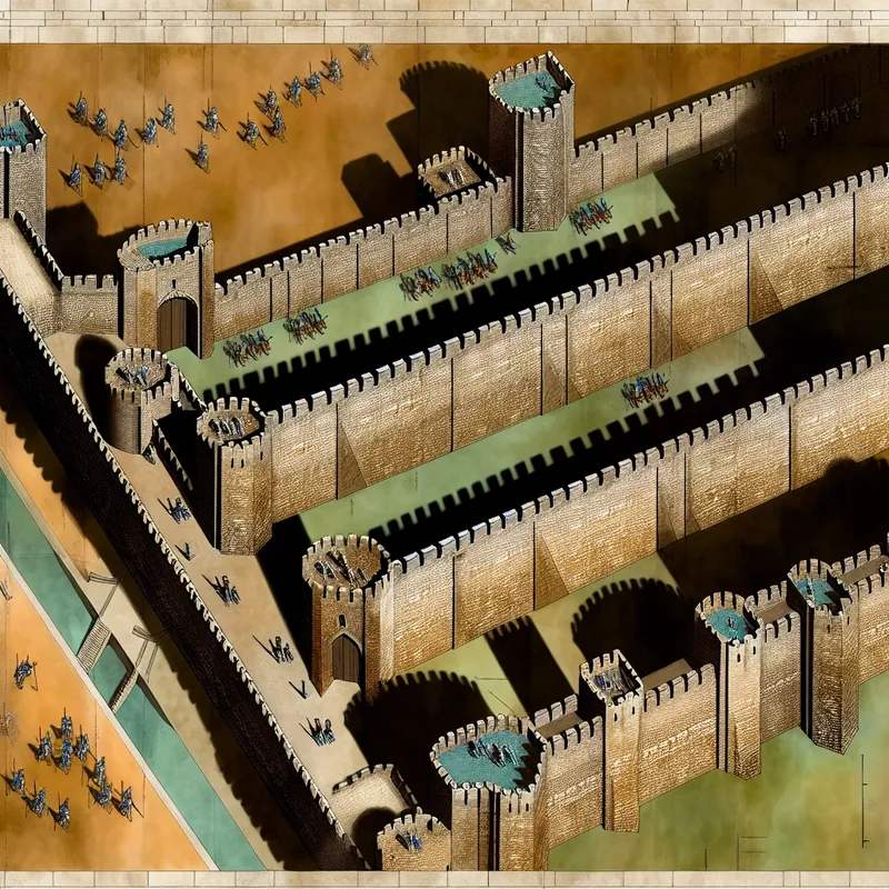 Luchtfoto van een middeleeuwse stad omringd door een imposante verdedigingsmuur met wachttorens en kantelen, in retro-futuristische stijl