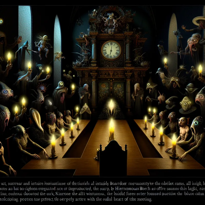 Surrealistisch tafereel van een middeleeuwse vergadering met hybride wezens, plotseling onderbroken door duisternis en gloeiende ogen in de schaduwen, met een stilstaande klok die het exacte moment van de onderbreking aangeeft
