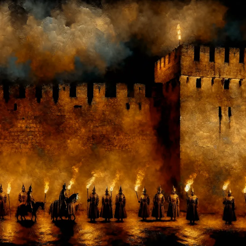 Middeleeuwse vesting bij nacht met brandende fakkels, bewakers en een brede gracht, symboliserend bescherming en veiligheid