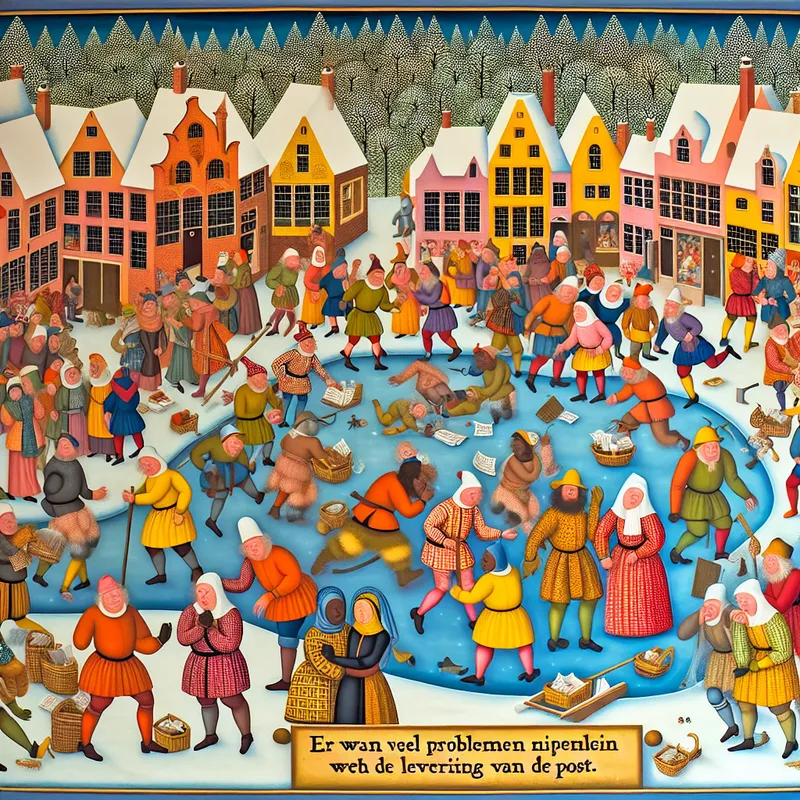 Een levendig winterlandschap met een middeleeuwse stad waar bezorgers met ongeleverde post discussiëren.