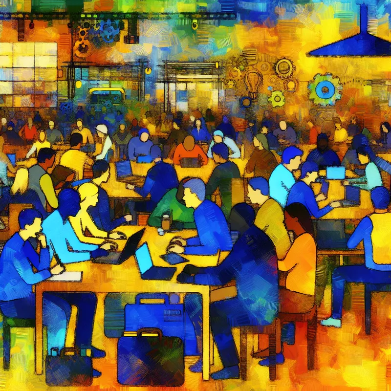 Drukke werkruimte met een diverse groep professionals die samenwerken, brainstormen en middelen beheren voor een project.