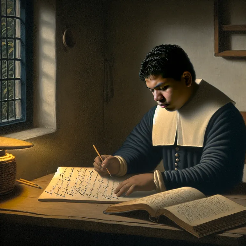 Jonge man oefent Nederlands schrijven aan een houten bureau met een open grammaticaboek en gecorrigeerd papier, sfeer van middelmatige inspanning