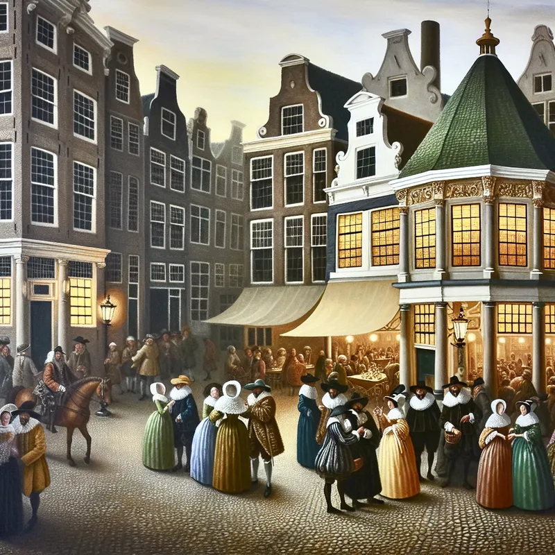 Schilderij van het bruisende en elegante centrale plein van Amsterdam in de 17e eeuw, met een levendig café als sociaal en cultureel hart van de stad