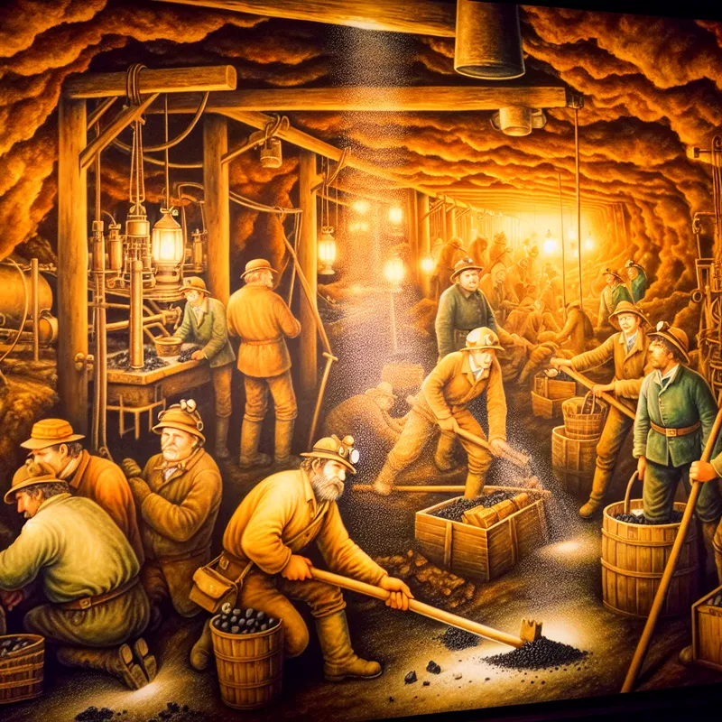 Een levendige afbeelding van mijnwerkers in een steenkolenmijn in Limburg, actief bezig met het delven van kolen in traditionele kleding.