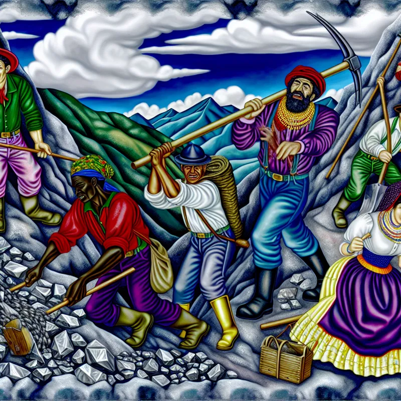 Actieve mijnwerkers delven zilver in een berglandschap met dramatische wolkenlucht.