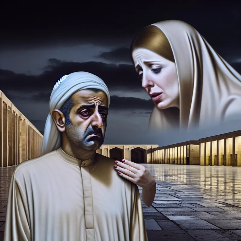 Twee figuren tonen mild meeleven in een surrealistische, lege plaza met monumentale architectuur, stijl van Carel Willink