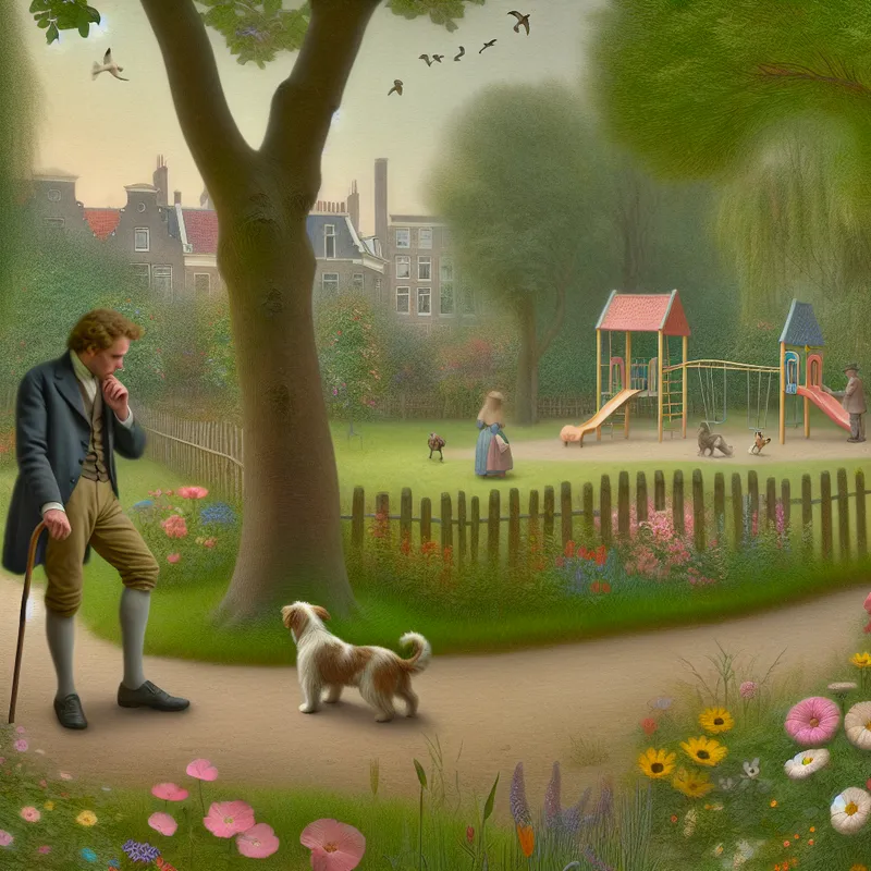 Een persoon staat in een vredig park en krabt zachtjes aan een milde jeuk op zijn hand, omringd door bloeiende bloemen en vogels.