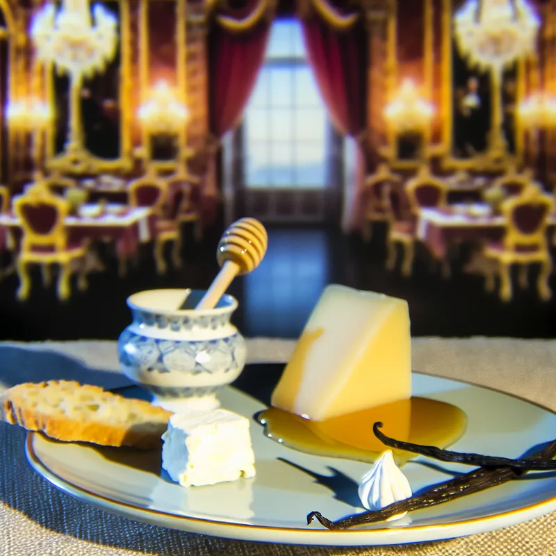 Een mooi opgemaakt bord met milde smaken - zachte kaas, honing op warm brood, en een vanilleboon naast een honingpot, op een rijk textuur tafelkleed.