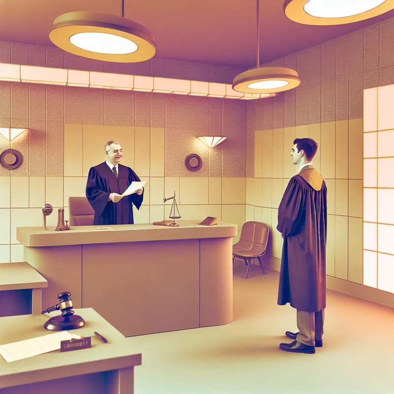 Retro-futuristische rechtszaal met een vriendelijke rechter die een milde straf uitspreekt aan een jonge man, symbolisch voor een mild oordeel