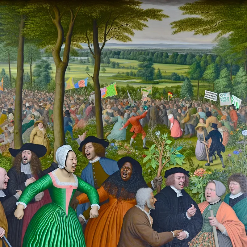 Een levendige demonstratie voor het milieu met diverse deelnemers die kleurrijke spandoeken en borden vasthouden in een groene omgeving vol bomen en bloemen.