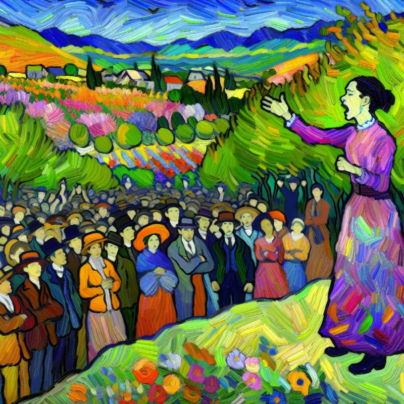 Een persoon op een heuveltop pleit vurig voor milieubescherming met een mooie natuur op de achtergrond.