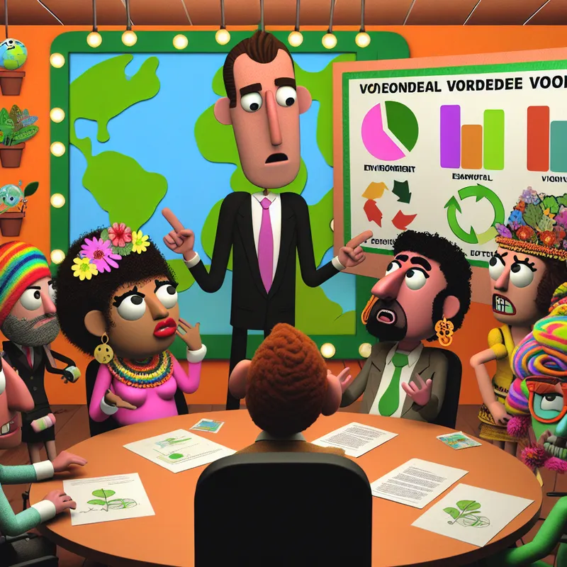 Een cartoonstijl vergaderzaal vol verschillende karakters die belanghebbenden van een milieuproject voorstellen, met een serieuze man in kostuum die naar een kleurrijk milieu poster wijst.