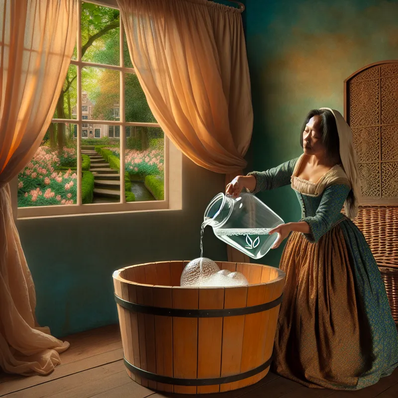 Vrouw in 17e-eeuwse kleding giet milieuvriendelijk wasmiddel in houten tobbe met zachte belichting en natuurlijke achtergrond