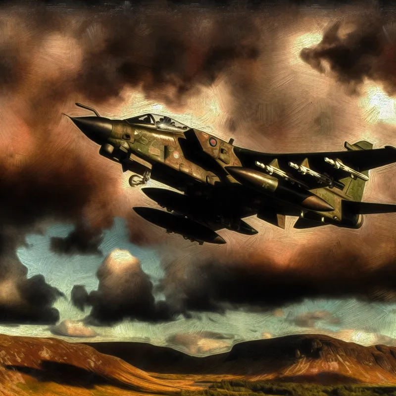 Militair gevechtsvliegtuig in dramatische vlucht boven ruig landschap, geschilderd in Rembrandt-stijl met sterke licht-donker contrasten