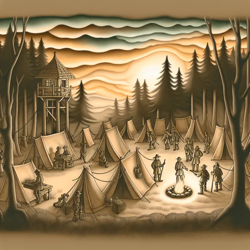 Een fantasierijke illustratie van een militair kamp in een rustige bosrijke omgeving tijdens zonsondergang, met canvas tenten en relaxende soldaten.