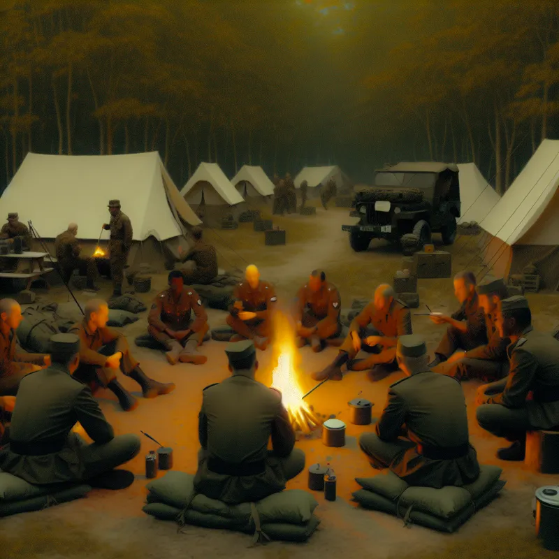 Een serene militaire kamp scene met soldaten rond een kampvuur, omgeven door tenten in een rustgevende omgeving.