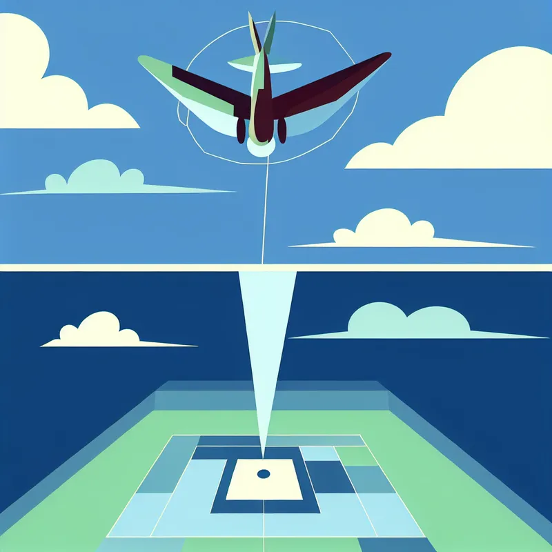 Een minimalistische afbeelding van een vliegtuig dat over een doel vliegt om een militaire aanval voor te stellen, met een blauwe lucht en een eenvoudig weergegeven doel.